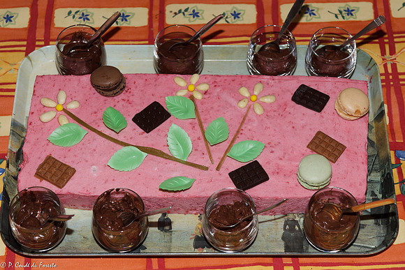 Bavaroise à la framboise à l'espuma de chocolat.